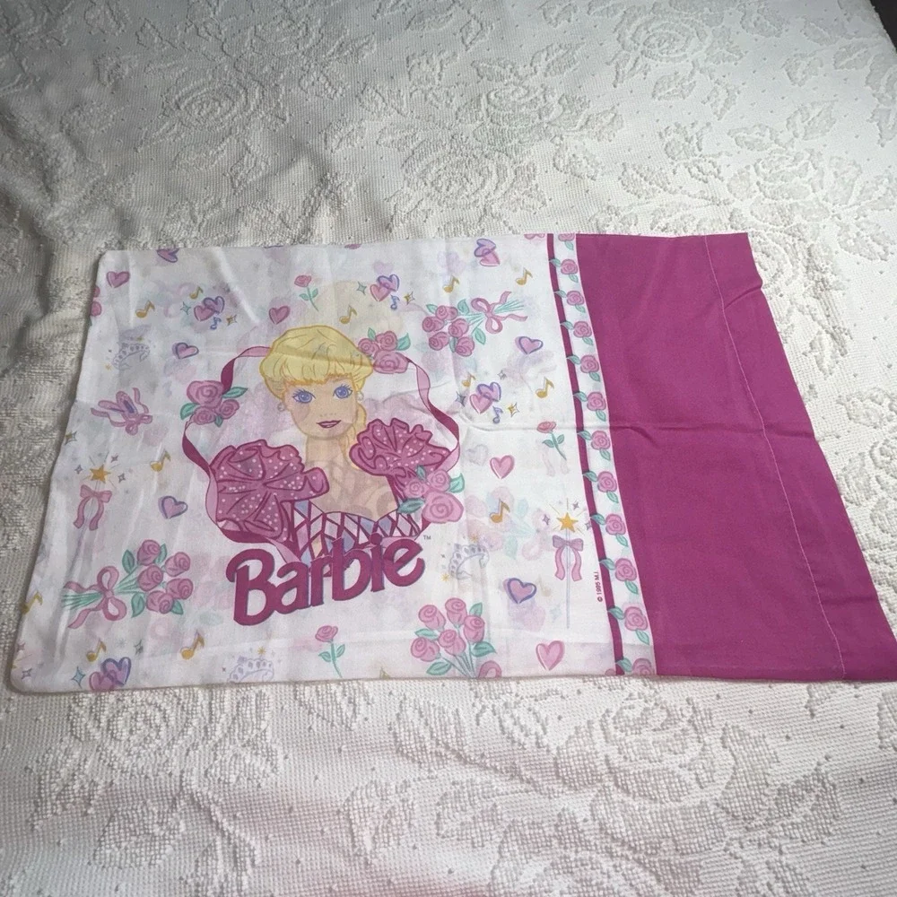 Barbie Twin Size Flat Sheet Skirt Curtain Panels Pillowcase VTG 1995